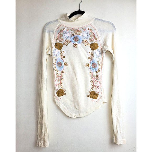 Free People Womens Top Disco Rose Heavily Embroidered Floral Ivory Cream Boho - Picture 2 of 12